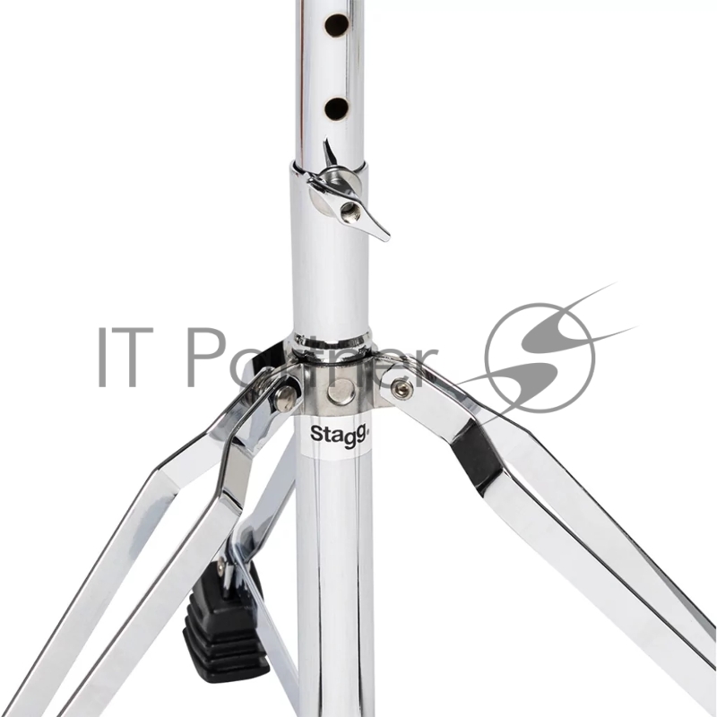 Стул для барабанщика STAGG DT-32 CR высота 50-63 см, 5 ступеней, диаметр сиденья 320 мм, стальная ось с резьбой и фиксатором, максимальная статичная нагрузка 150 кг, вес 3,1 кг, покрытие черный винил, отделка хром