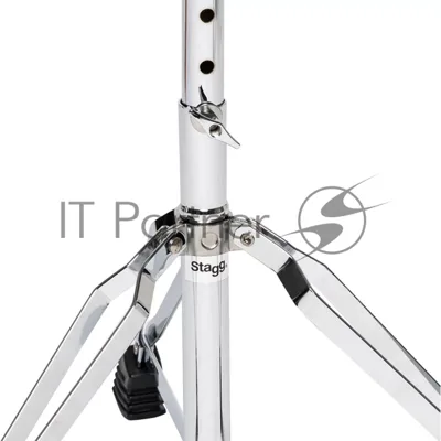 Стул для барабанщика STAGG DT-32 CR высота 50-63 см, 5 ступеней, диаметр сиденья 320 мм, стальная ось с резьбой и фиксатором, максимальная статичная нагрузка 150 кг, вес 3,1 кг, покрытие черный винил, отделка хром