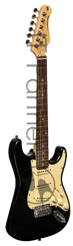 Электрогитара STAGG SES-30 3/4 BK 6-ти струнная, размер 3/4, корпус павловния, гриф клен, накладка палисандр, мензура 576 мм, 22 лада, звукосниматели 3х Single Coil, регуляторы 1x громкости, 2x тона, 5-ти поз. переключатель, цвет черный