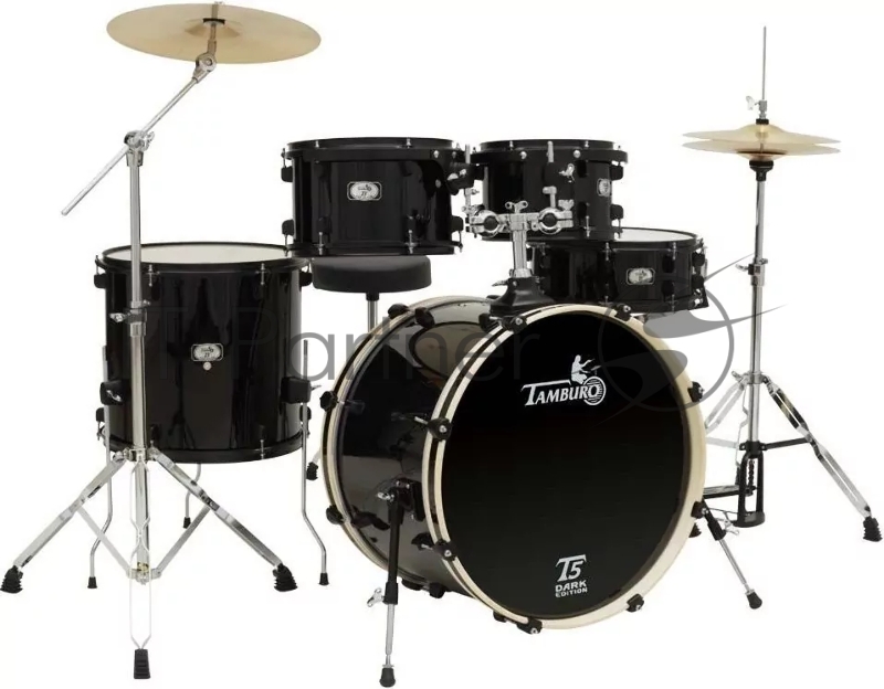 Барабанная установка TAMBURO T5P20DARK из 5 барабанов: 22" бочка, 10" и 12" подвесные томы, 16" напольный том, 14х5.5 малый барабан, фурнитура черного цвета, цвет: черный