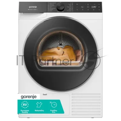 Сушильная машина Gorenje DG69D, отдельностоящая, ВхШхГ 850х600х625 мм, загрузка 9 кг, 15 программ, конденсационная сушка с тепловым насосом, поворотное/сенсорное управление, цифровой дисплей, датчик влажности белья, функция TwinAir, половинная загрузка, защита от сминания, отсрочка старта, функция "Освежить", Wi-Fi, энергоэффективность D, цвет белый