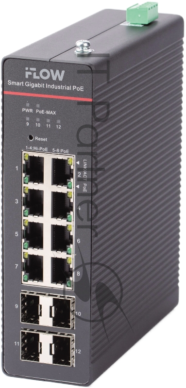 Коммутатор промышленный iFLOW F-SW-IM612HPOE-PM-8G4GO, 8×1 Гбит/с PoE + 4×1 Гбит/с SFP, настраиваемый