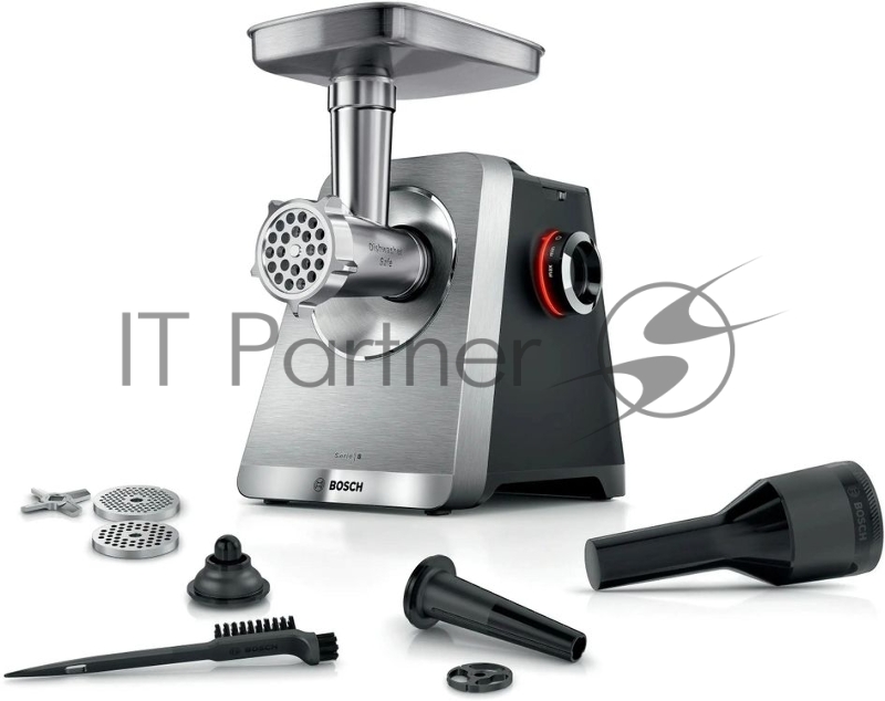 Мясорубка электрическая Bosch Series 8 MFWS820M черный, 2500 Вт, 4.5 кг/мин, реверс, защита от перегрузки, металлический лоток, насадки - 5