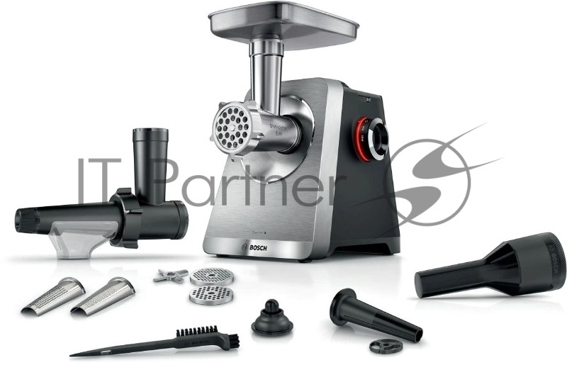 Мясорубка электрическая Bosch Series 8 MFWS835M черный, 2500 Вт, 4.5 кг/мин, реверс, защита от перегрузки, металлический лоток, насадки - 6