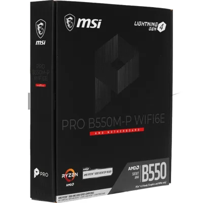 Материнская плата MSI PRO B550M-P WIFI6E, AM4, AMD B550, 4xDDR4, 4xSATA, 2xM.2, 1xPCIe 4.0 x16, 2xPCIe 3.0 x1, 1xVGA, 1xHDMI, 1xDisplayPort, 1x 1Gb LAN, 2xUSB 2.0, 4xUSB 3.2 Gen1, 5x3.5 мм, 7.1, microATX