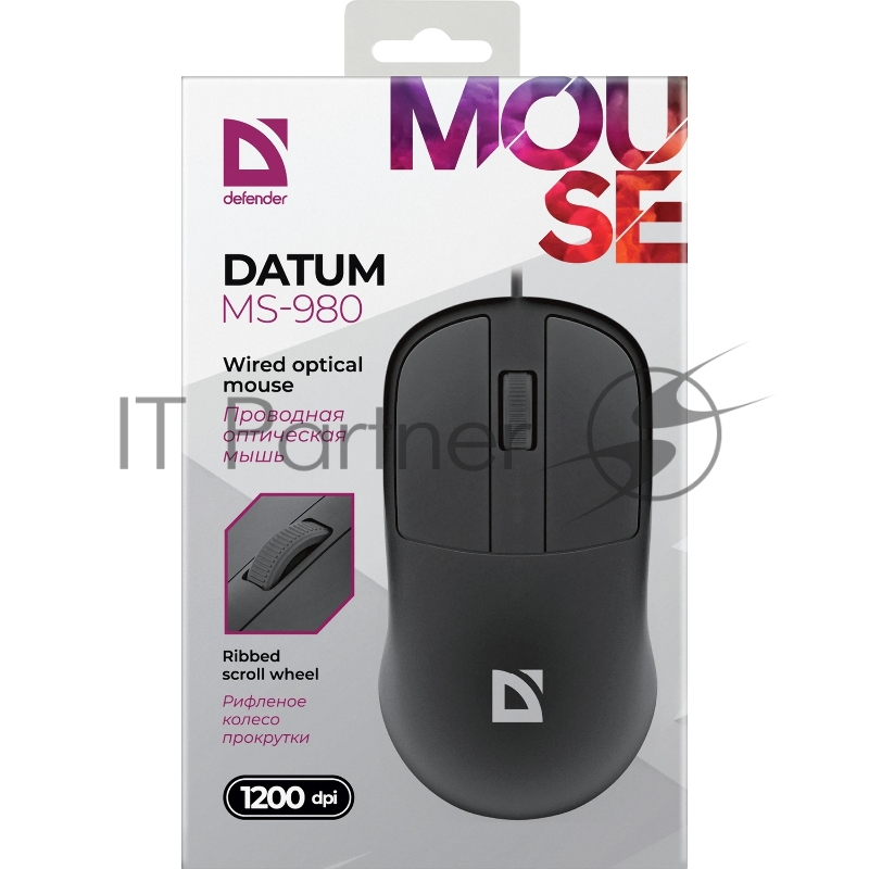 Мышь проводная Defender USB DATUM MS-980 3кн 1200dpi 1.2M черный 52981