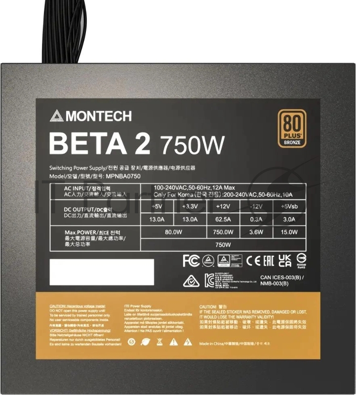 Блок питания Montech BETA 2 750W, 750Вт, 80+ Bronze, 120мм, немодульный, черный