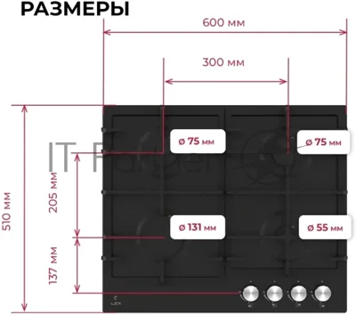 Газовая варочная поверхность Lex Hi-tech Gve 641 Bl Matt Edition, 4 конфорки, эмаль, 7500 Вт