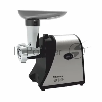 Мясорубка электрическая Sakura SA-6433 черный/нержавеющая сталь, 1800 Вт, 1.4 кг/мин, реверс, защита от перегрузки, насадки - 2