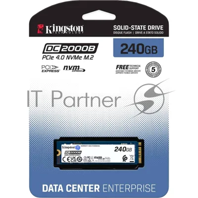 Твердотельный накопитель Kingston SSD DC2000B 240GB, M.2 22x80mm, NVMe, PCIe Gen 4x4, 3D TLC, R/W 4500/400MB/s, IOPs 260 000/18 000, TBW 175, DWPD 0.4 No Heatsink) (12 мес)