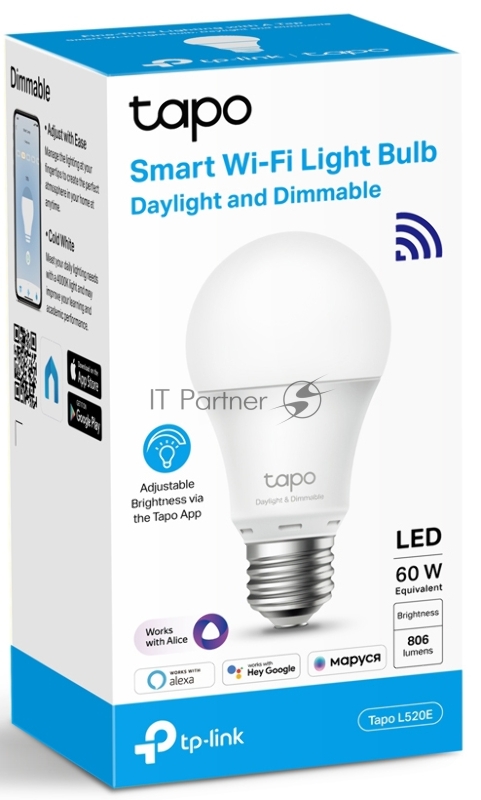 Умная Wi-Fi лампа TP-Link Smart Wi-Fi Light Bulb, Daylight & Dimmable, SPEC: 2.4 GHz, IEEE 802.11b/g/n