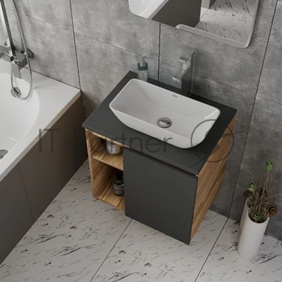 Тумба Bau Dream Blackwood 60 правая, графит, раковина BAU Spectrum mini 47х24 смеситель для раковины высокий Hotel Still, нержавеющая сталь, выпуск клик клак, хром