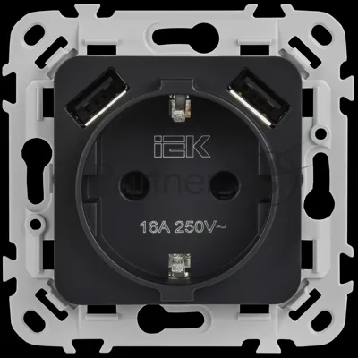 Розетка 1-местная с заземлением с защитными шторками 16А с USB A+A 3,1А безвинтовое крепление РСЮша11-1-ФлЧ черный FLITE