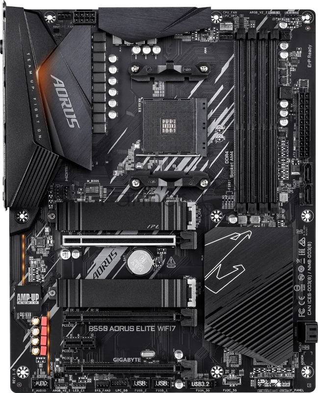 Материнская плата Gigabyte B550 AORUS ELITE WIFI7, AM4, AMD B550, 4xDDR4, 4xSATA 6Gb/s, 2xM.2, 1xPCIe 4.0 x16, 2xPCIe 3.0 x16, 1xPCIe 3.0 x1, 1xHDMI, 1xDisplayPort, 1x2.5GbE LAN, 2xUSB 3.2 Gen 2 Type-A, 3xUSB 3.2 Gen 1, 2xUSB 2.0, 5x3.5 мм, 7.1, ATX