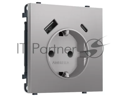 Комплект механизма электрической розетки SIGMA Сталь матовый 2USB A+C 20W (быст. зар.) с/з с/ш 16A-250V QUANT PRO (SP5100, PR160)