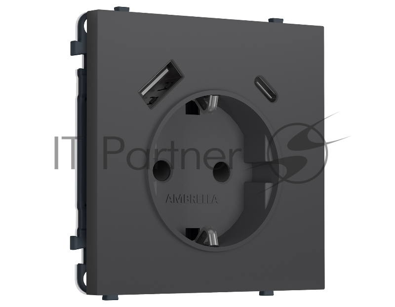 Комплект механизма электрической розетки SIGMA Графит Мягкое касание 2USB A+C 20W (быст. зар.) с/з с/ш 16A-250V QUANT PRO (SP9100, PR160)