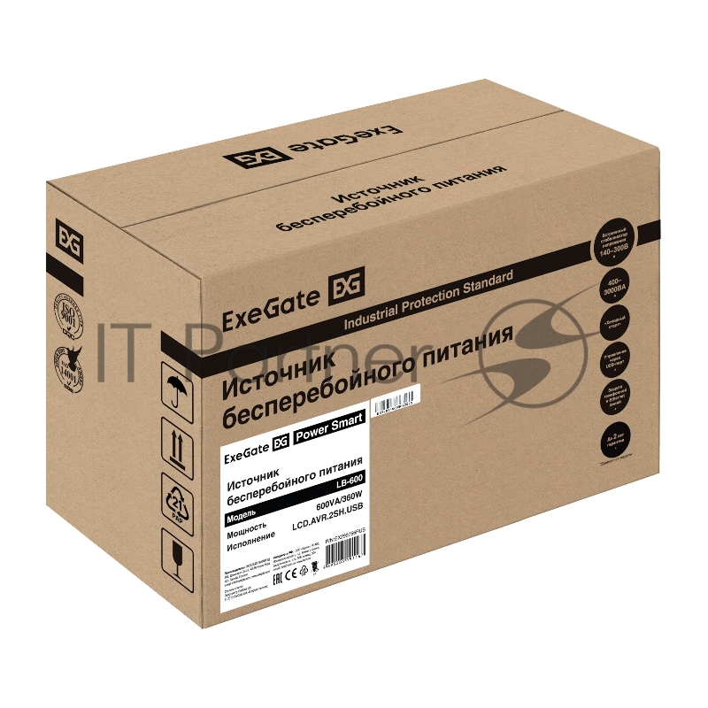 ИБП ExeGate Power Smart LB-600.LCD.AVR.2SH.USB (600VA/360W, LCD, AVR, 2*EU/Тип F(Schuko), USB, батарея 12V 7.2Ah, Black)
