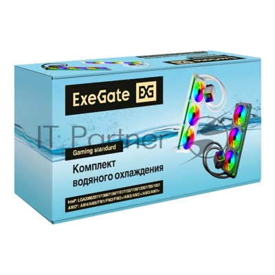 Комплект водяного охлаждения ExeGate DigitalFreezer-360.PWM.ARGB.Black (3 PIN 5V ADDRESSABLE RGB подсветка, LGA1954/1851/1700/1200/115x/2066/2011/AM5/AM4, TDP 280W, 3x Fan 120mm 4pin PWM 600-1800RPM Hydro bearing, помпа 3pin 2700RPM, макс. шум 37db, с термопастой, на винтах, черный, RET)