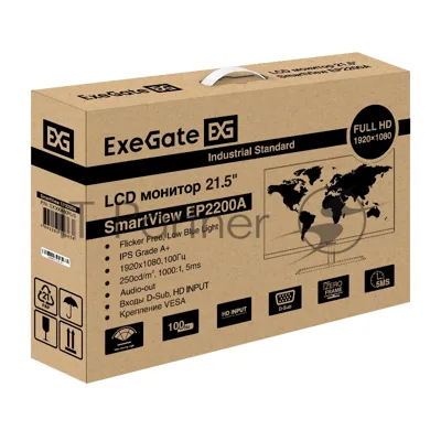 Монитор с аудио выходом 21.5" 100 Гц ExeGate SmartView EP2200A (IPS LED Grade A+, FHD, 1920x1080@100Гц, 16:9, 250cd/m2, 1000:1, 178°/178°, 5ms, D-Sub, HDMI, audio-out, Flicker-free, Low Blue Light, кабель HDMI 1.5м, VESA, регулировка наклона (tilt), черный)