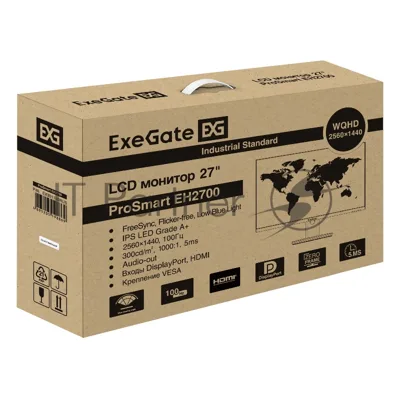 Монитор с аудио выходом 27" 100 Гц WQHD ExeGate ProSmart EH2700 (IPS LED Grade A+, 2560x1440@100Гц (WQHD), 16:9, 300cd/m2, 1000:1, 178°/178°, 5ms, HDMI 2.0, DisplayPort, USB (для зарядки), audio-out, Flicker-free, FreeSync, Low Blue Light, кабель HDMI 1.5м, VESA, регулировка наклона (tilt), черный)
