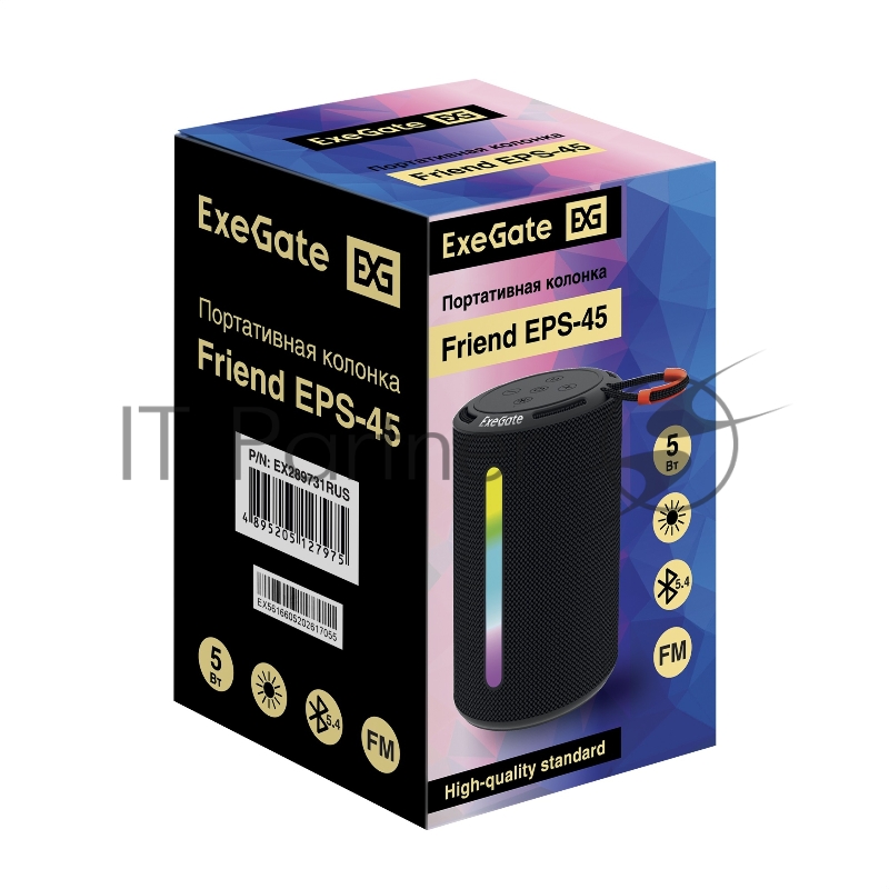 Портативная BT-колонка ExeGate Friend EPS-45 (5Вт, 50-20000Гц, Bluetooth, с поддержкой USB и TF/microSD карт, FM, Li-Ion 500mAh, цвет черный, RGB подсветка, зарядка USB Type-C, Color Box)