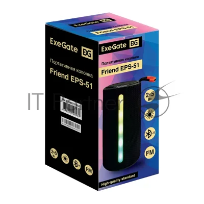 Портативная BT-колонка ExeGate Friend EPS-51 (2*5Вт, 50-20000Гц, Bluetooth, с поддержкой USB и TF/microSD карт, FM, Li-Ion 1200mAh, цвет черный, RGB подсветка, зарядка USB Type-C, Color Box)