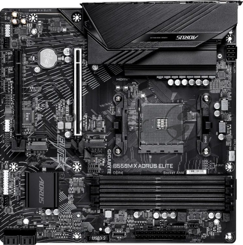 Материнская плата Gigabyte B550M X AORUS ELITE, AM4, AMD B550, 4xDDR4, 4xSATA, 2xM.2 PCIe 4.0/3.0, 1xPCIe 4.0 x16, 1xPCIe 3.0 x4, 1xHDMI, 1xDisplayPort, 1x 2.5Gb LAN, 4xUSB 3.2 Gen 1, 1xUSB Type-C 3.2 Gen 1, 2xUSB 2.0, 3x3.5 мм, 7.1, microATX