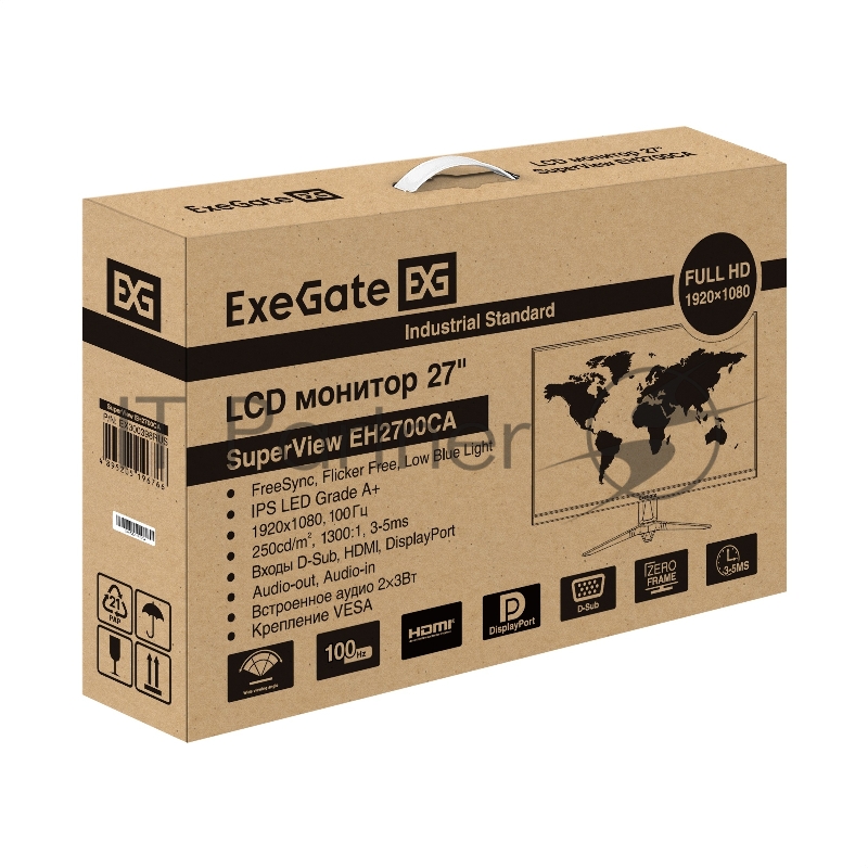 Монитор LCD ExeGate 27" EH2700CA SuperView {IPS 1920x1080 100hz 3-5ms 16:9, 250cd/m2, 1300:1 178/178 Speakers D-Sub HDMI DisplayPort AudioOut} [EX300398RUS]