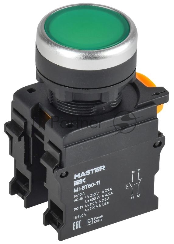 Кнопка d=22мм 1NO+1NC зелёная MASTER | MI-BT60-11-3-22-K06 | IEK
