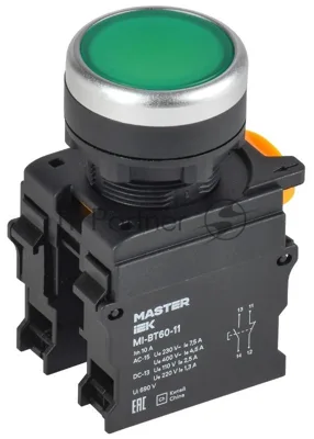 Кнопка d=22мм 1NO+1NC зелёная MASTER | MI-BT60-11-3-22-K06 | IEK