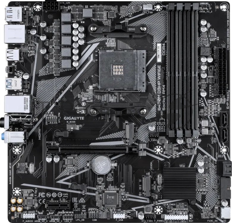 Материнская плата Gigabyte B450M D3HP WIFI6E, AM4, AMD B450, 4xDDR4, 4xSATA 6Gb/s, 2xM.2, 1xPCIe 3.0 x16, 1xPCIe 2.0 x1, 2xHDMI, 1xDisplayPort, 1x1Gb LAN, 4xUSB 3.2 Gen 1, 3xUSB 2.0, 3x3.5 мм, 7.1, microATX