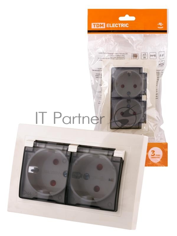 Розетка двойная 2П+З с защ. шт. и прозрачной крышкой 16А 250В IP44 сл. кость "Таймыр" | SQ1814-0177 | TDM