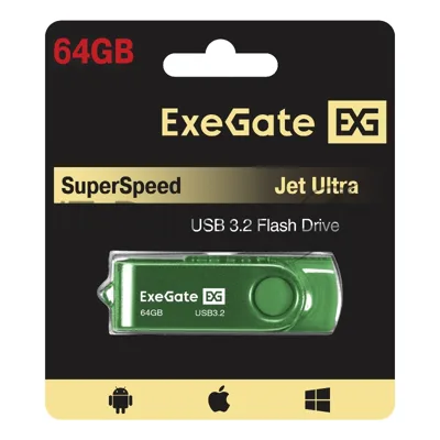 Exegate EX302061RUS USB-флеш накопитель ExeGate Jet Ultra 64GB зеленый (USB3.0/=USB3.1 Gen1/=USB3.2 Gen1 5Gbps, пластик/металл)