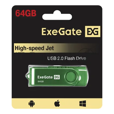Exegate EX302056RUS USB-флеш накопитель ExeGate Jet 64GB зеленый (USB2.0, 480Mbps, пластик/металл)