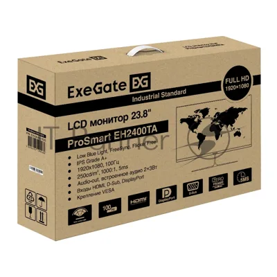 Монитор с аудио 23.8" 100 Гц ExeGate ProSmart EH2400TA (IPS LED Grade A+, FHD, 1920x1080@100Гц, 16:9, 250cd/m2, 1000:1, 178°/178°, 5ms, Speakers, D-Sub, HDMI2.0, DisplayPort, audio-out, FreeSync, Flicker-free, Low Blue Light, кабель HDMI 1.5м, VESA, регулировка наклона (tilt), черный)