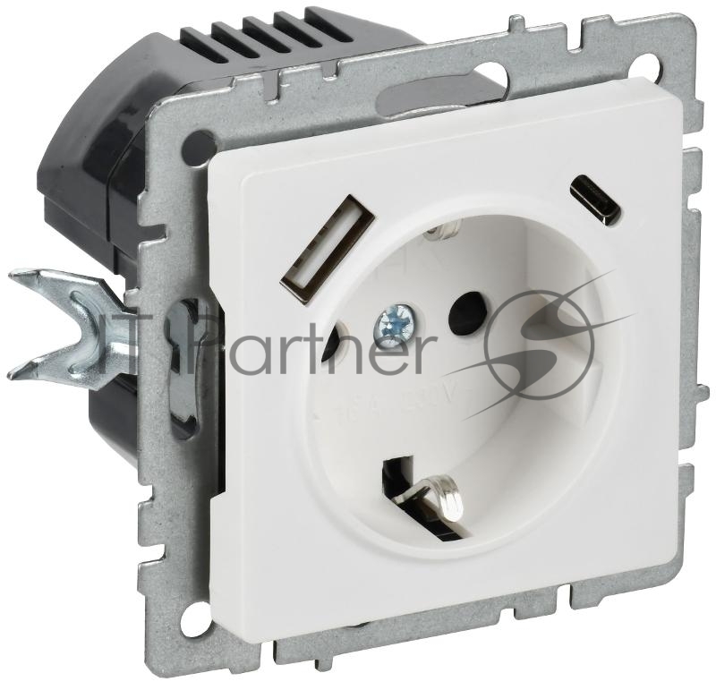 BRITE Розетка 1-местная с заземлением с защитными шторками 16А с USB A+C 18Вт РЮш11-1-БрАБ арктический белый  | BR-R14-16-U22-018-K91 | IEK