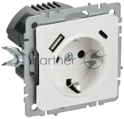 BRITE Розетка 1-местная с заземлением с защитными шторками 16А с USB A+C 18Вт РЮш11-1-БрАБ арктический белый  | BR-R14-16-U22-018-K91 | IEK