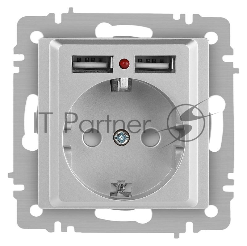 Розетка Intro Accent 6-410-03 , P+E Schuko со шторками, 16А-250В + 2хUSB, IP20, СУ, алюминий | Б0063694 | Intro