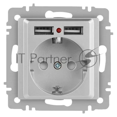 Розетка Intro Accent 6-410-03 , P+E Schuko со шторками, 16А-250В + 2хUSB, IP20, СУ, алюминий | Б0063694 | Intro