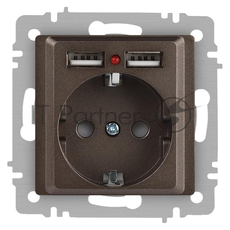 Розетка Intro Accent 6-410-08 , P+E Schuko со шторками, 16А-250В + 2хUSB, IP20, СУ, бронза | Б0063704 | Intro