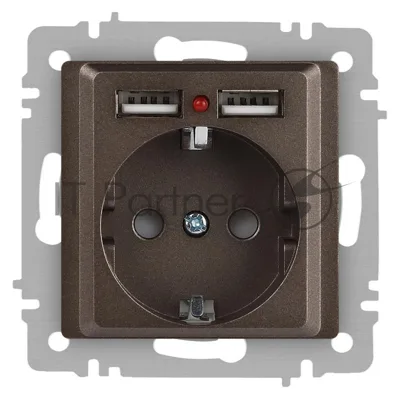 Розетка Intro Accent 6-410-08 , P+E Schuko со шторками, 16А-250В + 2хUSB, IP20, СУ, бронза | Б0063704 | Intro