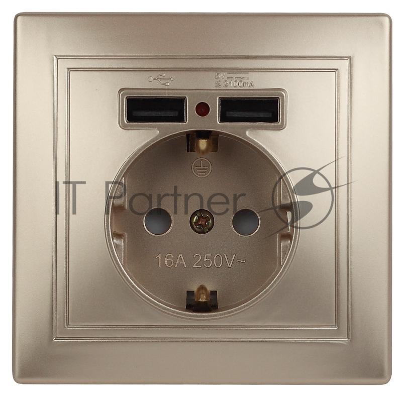 Розетка Intro Plano 1-410-04 с заземлением 2P+E Schuko со шторками, 16А-250В + 2хUSB 5В-2,1А, IP20, СУ, шампань | Б0053945 | Intro