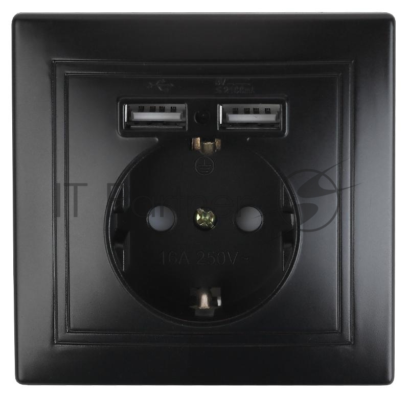 Розетка Intro Plano 1-410-05 с заземлением 2P+E Schuko со шторками, 16А-250В + 2хUSB 5В-2,1А, IP20, СУ, антрацит | Б0053946 | Intro