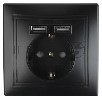 Розетка Intro Plano 1-410-05 с заземлением 2P+E Schuko со шторками, 16А-250В + 2хUSB 5В-2,1А, IP20, СУ, антрацит | Б0053946 | Intro