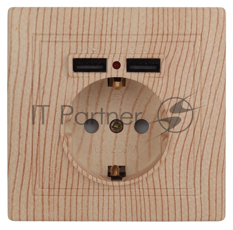 Розетка Intro Plano 1-410-11 с заземлением 2P+E Schuko со шторками, 16А-250В + 2хUSB 5В-2,1А, IP20, СУ, сосна | Б0053949 | Intro