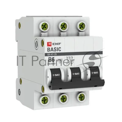 Выключатель автоматический трехполюсный 3P 6А (B) 4,5кА ВА 47-29 Basic|mcb4729-3-06-B|EKF
