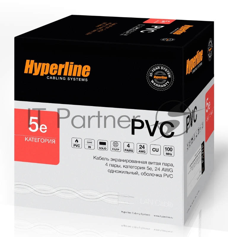 Кабель Hyperline FUTP4-C5E-S24-IN-PVC-GY-305 (FTP4-C5E-SOLID-GY-305) (305 м) Кабель витая пара, экранированная F/UTP, категория 5e, 4 пары (24 AWG), одножильный (solid), экран - фольга, PVC, –20°C – +75°C, серый - гарантия: 15 лет компонентная; 25 лет системная