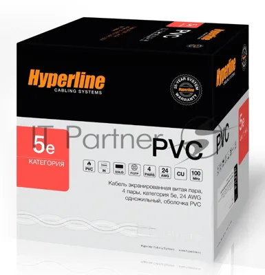 Кабель Hyperline FUTP4-C5E-S24-IN-PVC-GY-305 (FTP4-C5E-SOLID-GY-305) (305 м) Кабель витая пара, экранированная F/UTP, категория 5e, 4 пары (24 AWG), одножильный (solid), экран - фольга, PVC, –20°C – +75°C, серый - гарантия: 15 лет компонентная; 25 лет системная