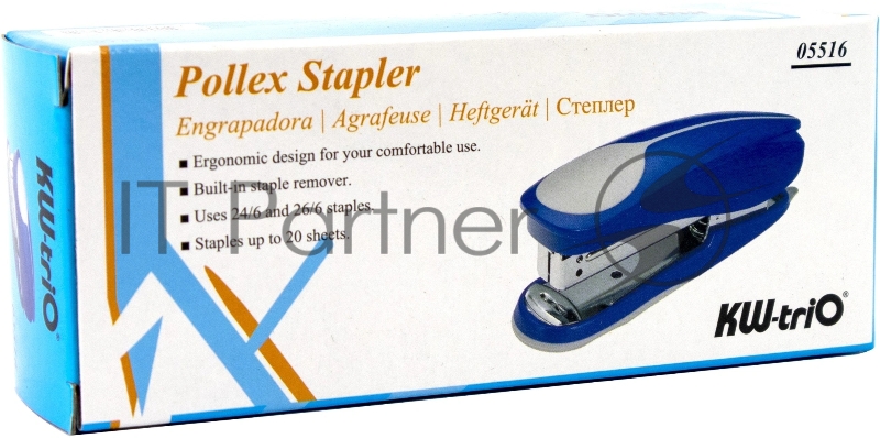 Степлер Kw-Trio 5516 Half-strip Pollex 24/6 26/6 (20 листов) встроенный антистеплер ассорти 105 скоб