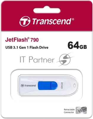 Флешка USB Transcend JetFlash 790 (TS64GJF790W), 64Gb, USB 3.0, R/W 70/25, белый/синий
